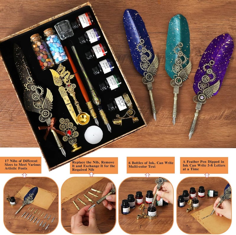 Aifeiter Quill Pen Ink Set-Feather Calligraphy Pen and Ink Set,Includes 6 Bottles of Ink,Quill Pen,Glass Dipping Pen,Wooden Dipping Pen,17 nibs,8 Sheets of Writing Paper,Envelope,Spoon-Blue - Image 5